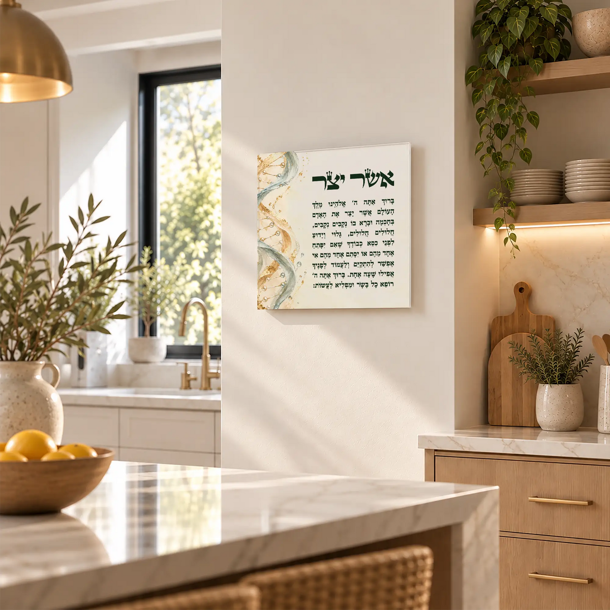 Asher Yatzar Acrylic Glass Print – Gold and Sage DNA Jewish Home Decor
