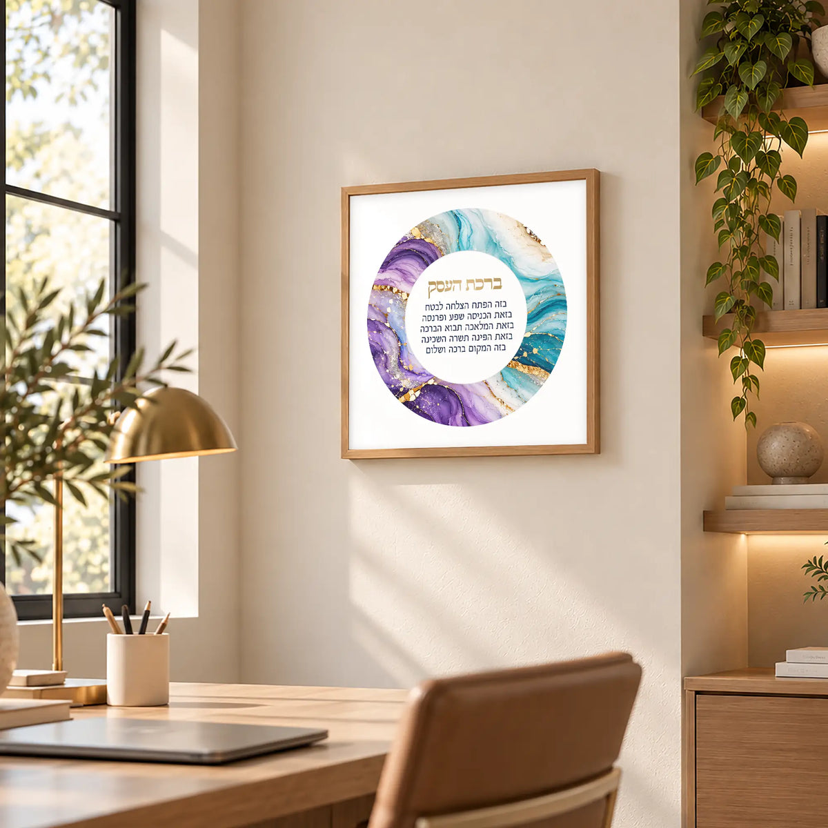 Birkat HaEsek Business Blessing in Wood Frame in Office – Purple and Turquoise Marble Jewish Office Decor