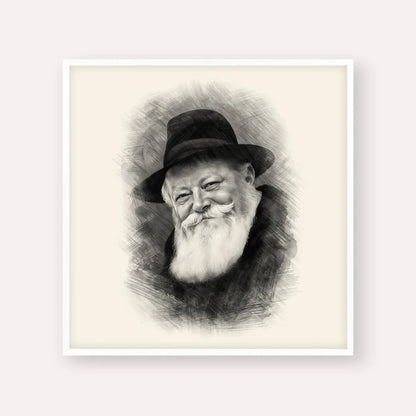 Lubavitcher Rebbe (1) – Black & White – White Frame Square | Jewish Wall Art, Gedolim Pictures