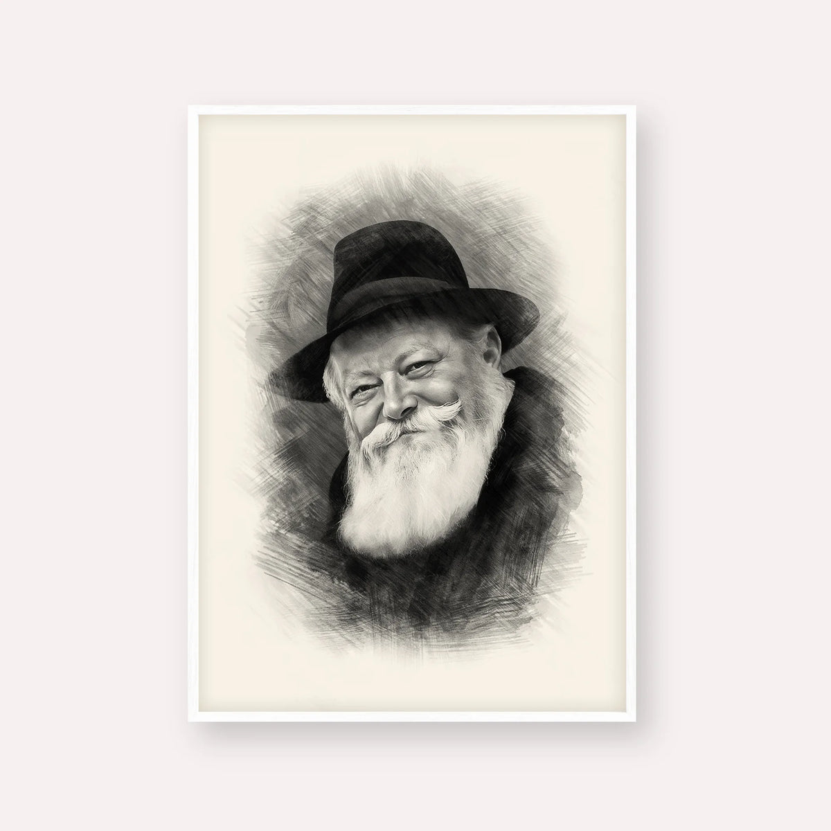Lubavitcher Rebbe (1) – Black & White – White Frame Vertical | Jewish Wall Art, Gedolim Pictures