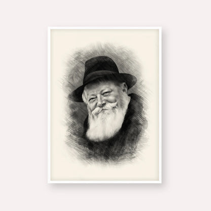 Lubavitcher Rebbe (1) – Black & White – White Frame Vertical | Jewish Wall Art, Gedolim Pictures