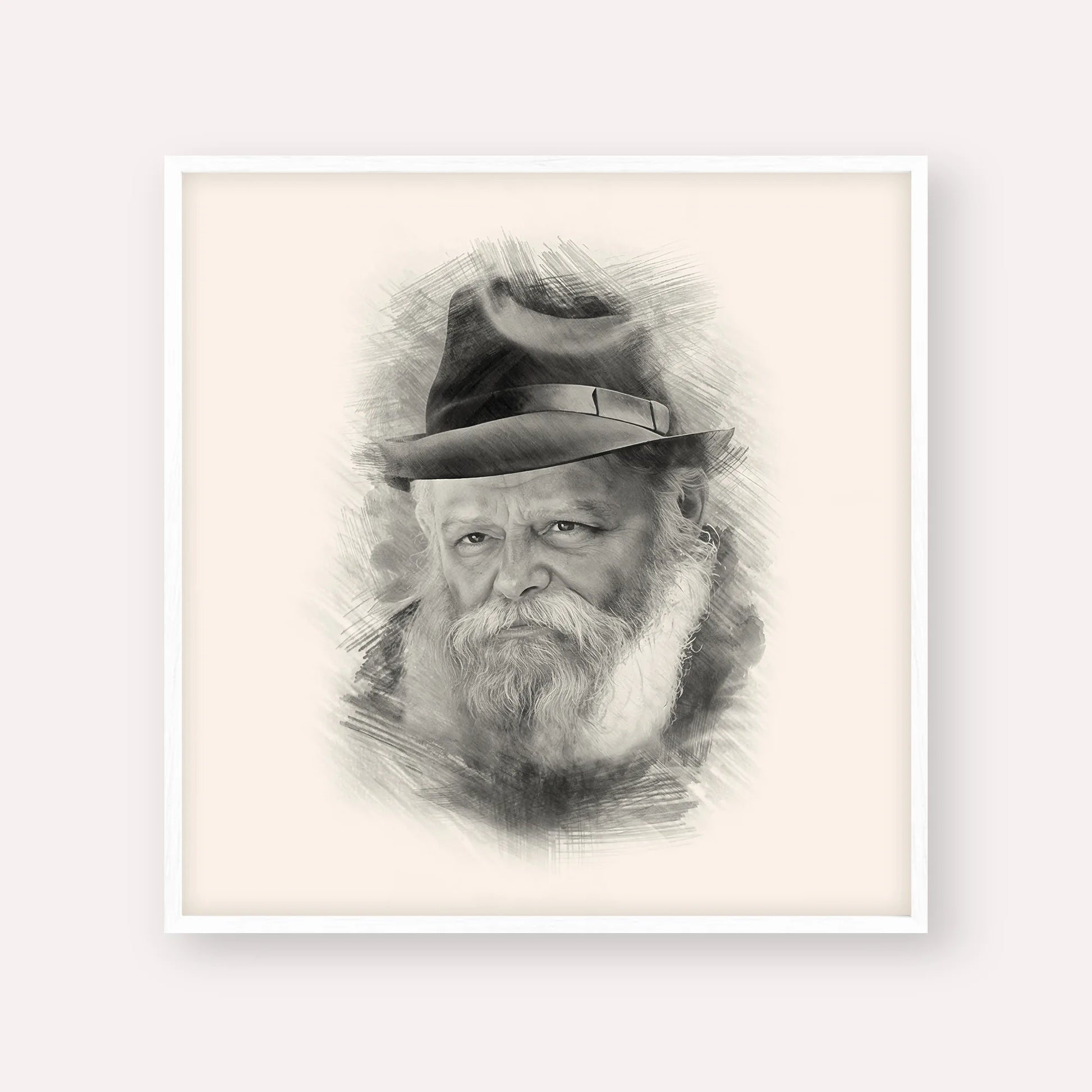 Lubavitcher Rebbe (2) – Black & White – White Frame Square | Jewish Wall Art, Gedolim Pictures