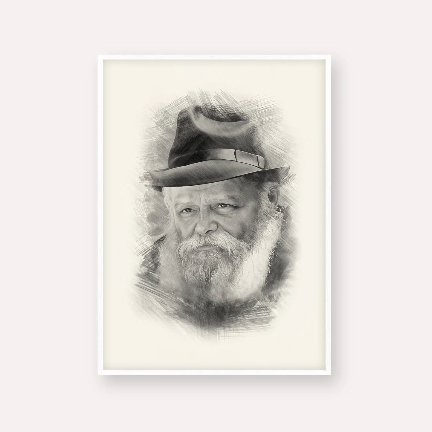 Lubavitcher Rebbe (2) – Black & White – White Frame Vertical | Jewish Wall Art, Gedolim Pictures