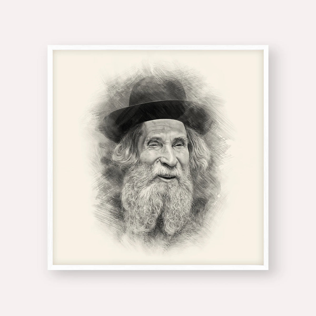 Rabbi Aharon Yehuda Leib Shteinman – Black & White – White Frame Square | Jewish Wall Art, Gedolim Pictures
