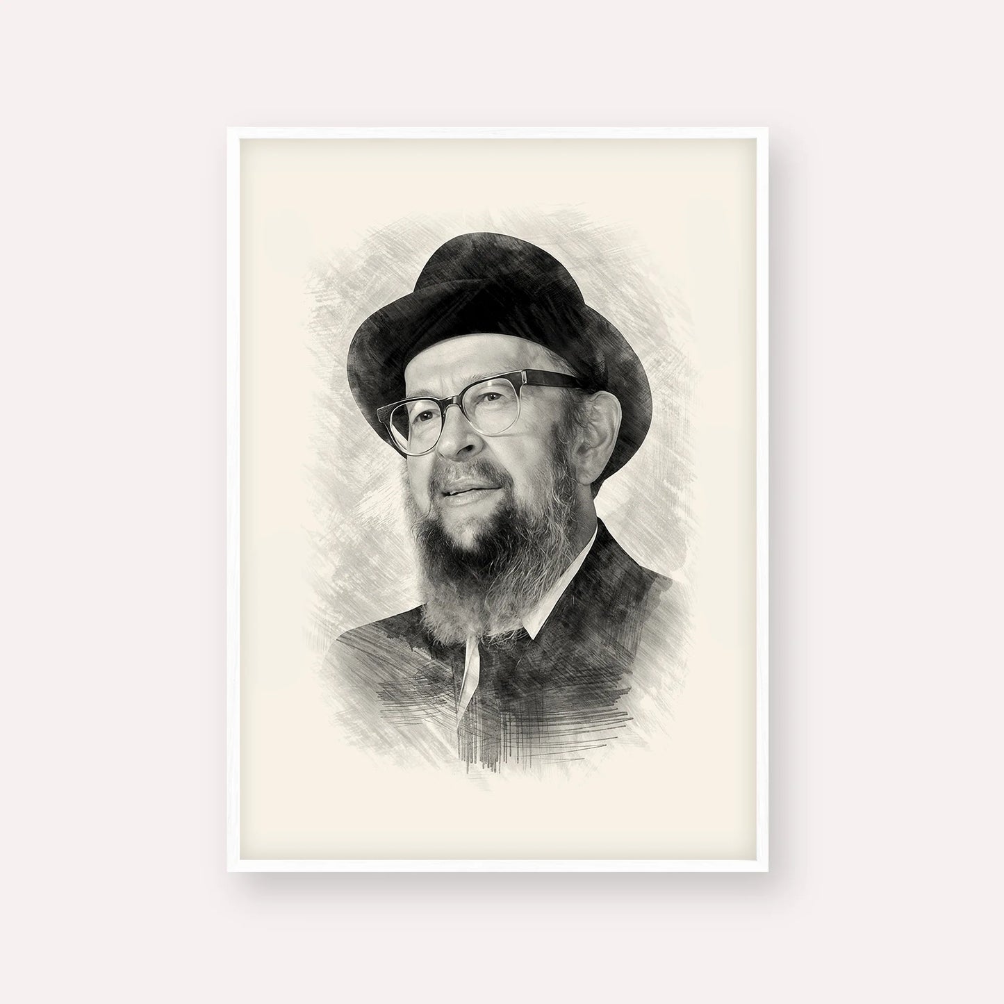 Rabbi Avigdor Miller – Black & White – White Frame Vertical | Jewish Wall Art, Gedolim Pictures