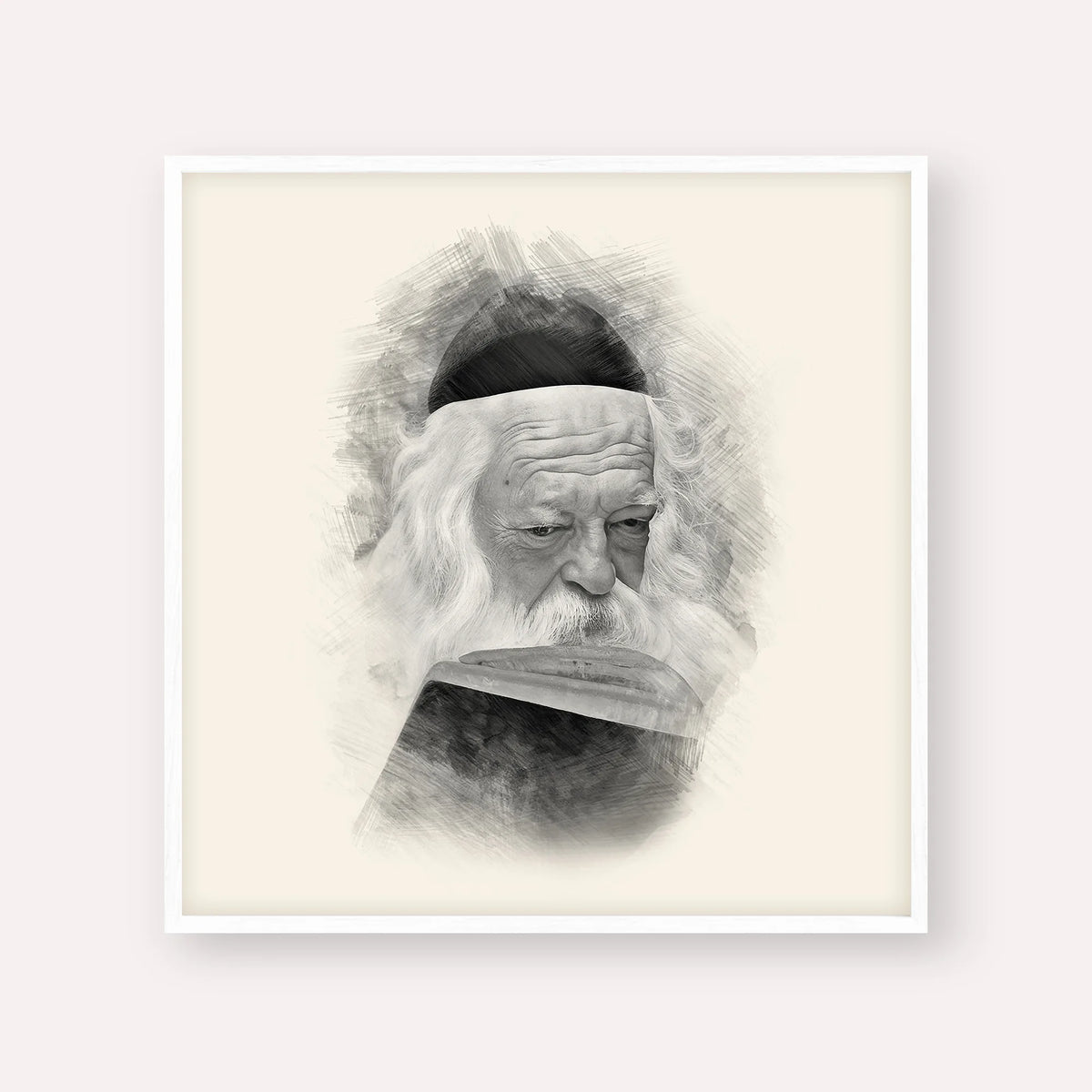 Rabbi Chaim Kanievsky – Black & White – White Frame Square | Jewish Wall Art, Gedolim Pictures