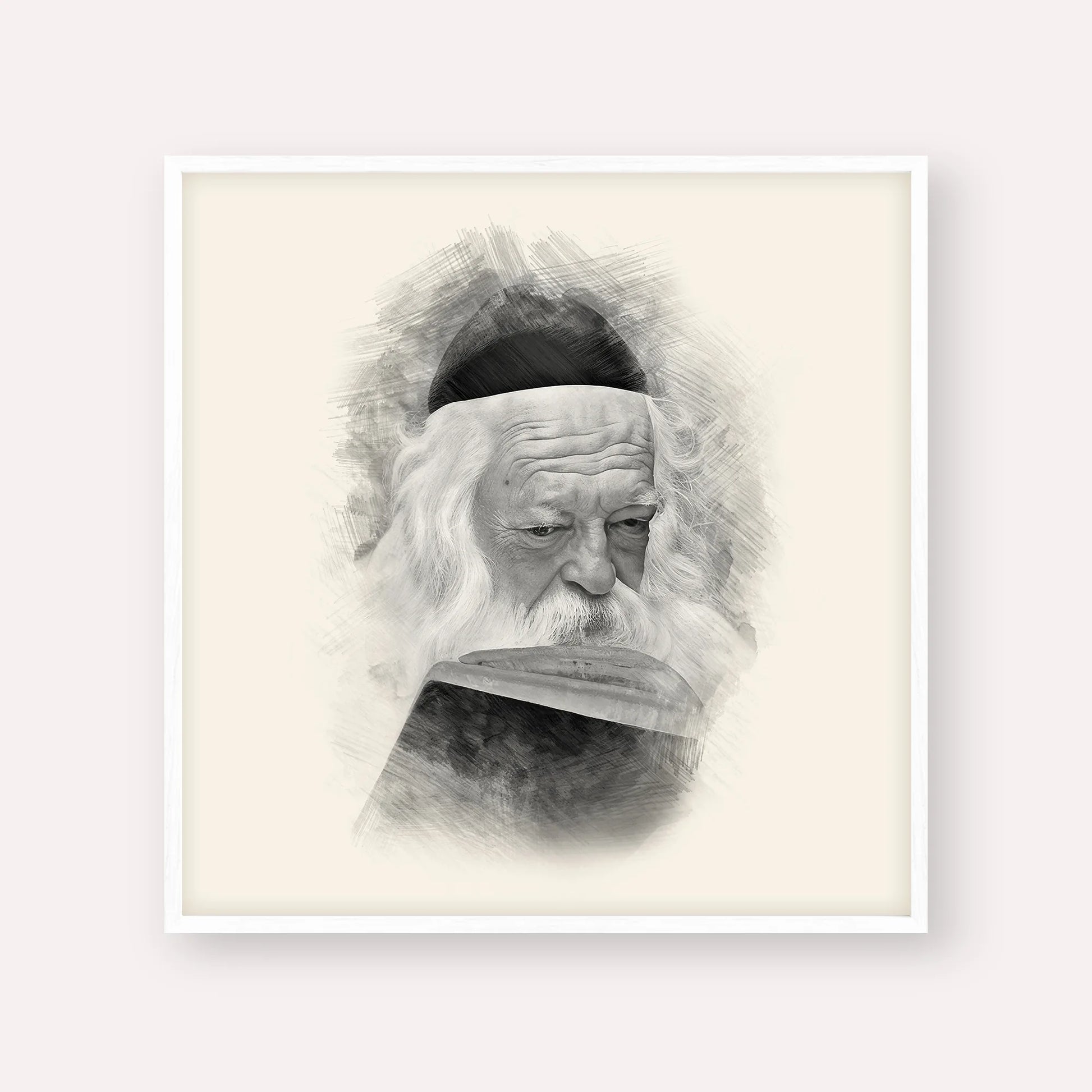 Rabbi Chaim Kanievsky – Black & White – White Frame Square | Jewish Wall Art, Gedolim Pictures