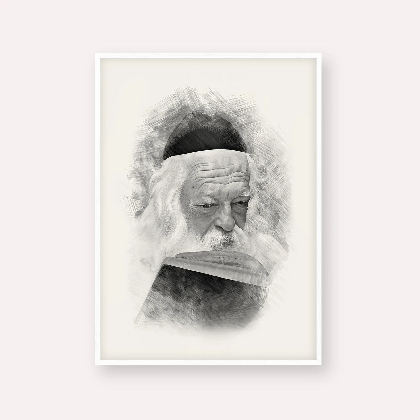 Rabbi Chaim Kanievsky – Black & White – White Frame Vertical | Jewish Wall Art, Gedolim Pictures