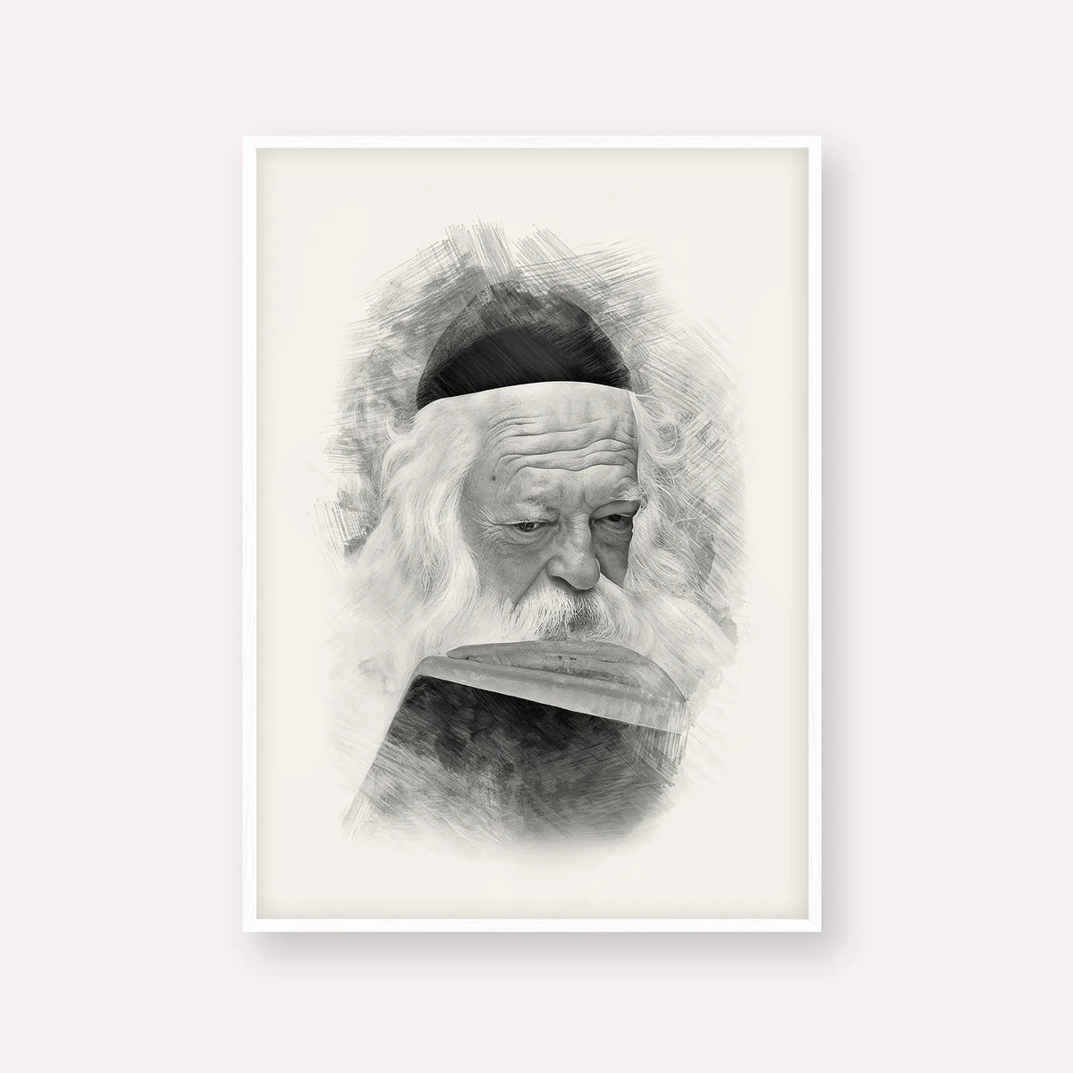 Rabbi Chaim Kanievsky – Black & White – White Frame Vertical | Jewish Wall Art, Gedolim Pictures