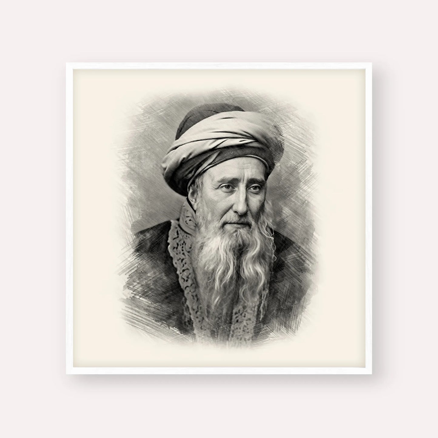 Rabbi Chaim Palagi – Black & White – White Frame Square | Jewish Wall Art, Gedolim Pictures