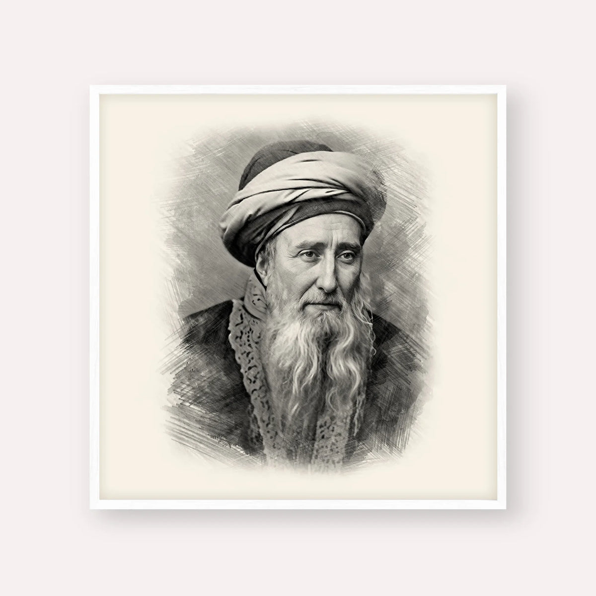 Rabbi Chaim Palagi – Black & White – White Frame Square | Jewish Wall Art, Gedolim Pictures
