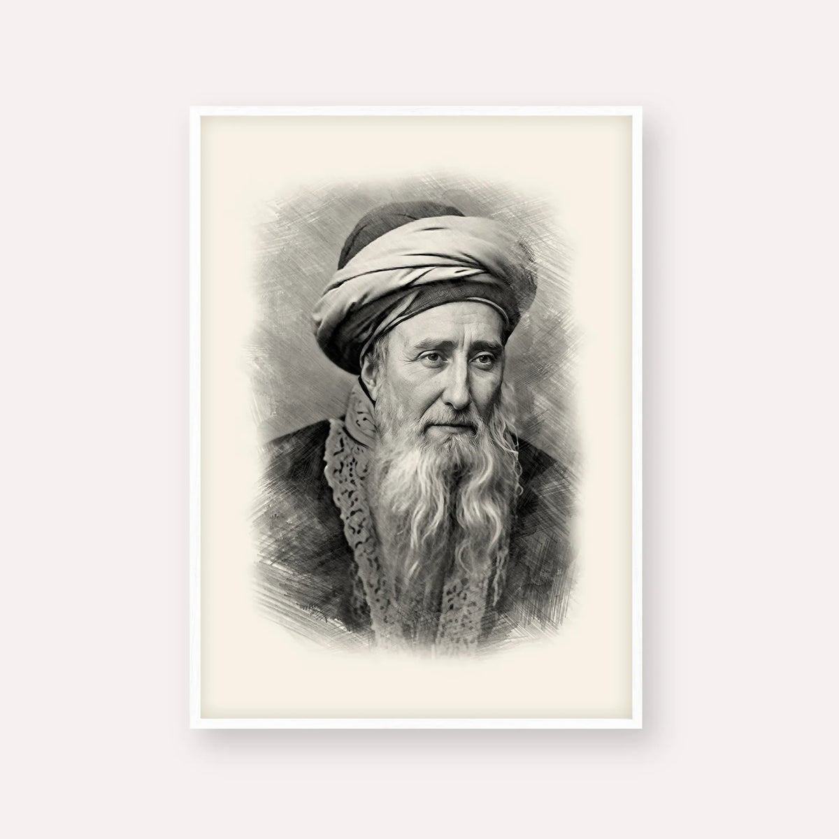 Rabbi Chaim Palagi – Black & White – White Frame Vertical | Jewish Wall Art, Gedolim Pictures