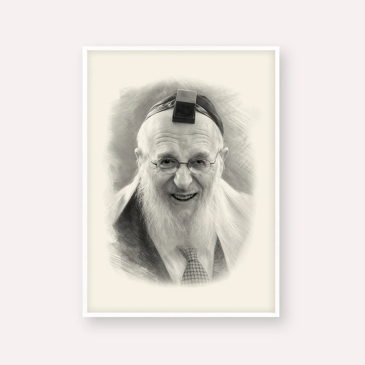 Rabbi Chaim Pinchas Scheinberg – Black & White – White Frame Vertical | Jewish Wall Art, Gedolim Pictures