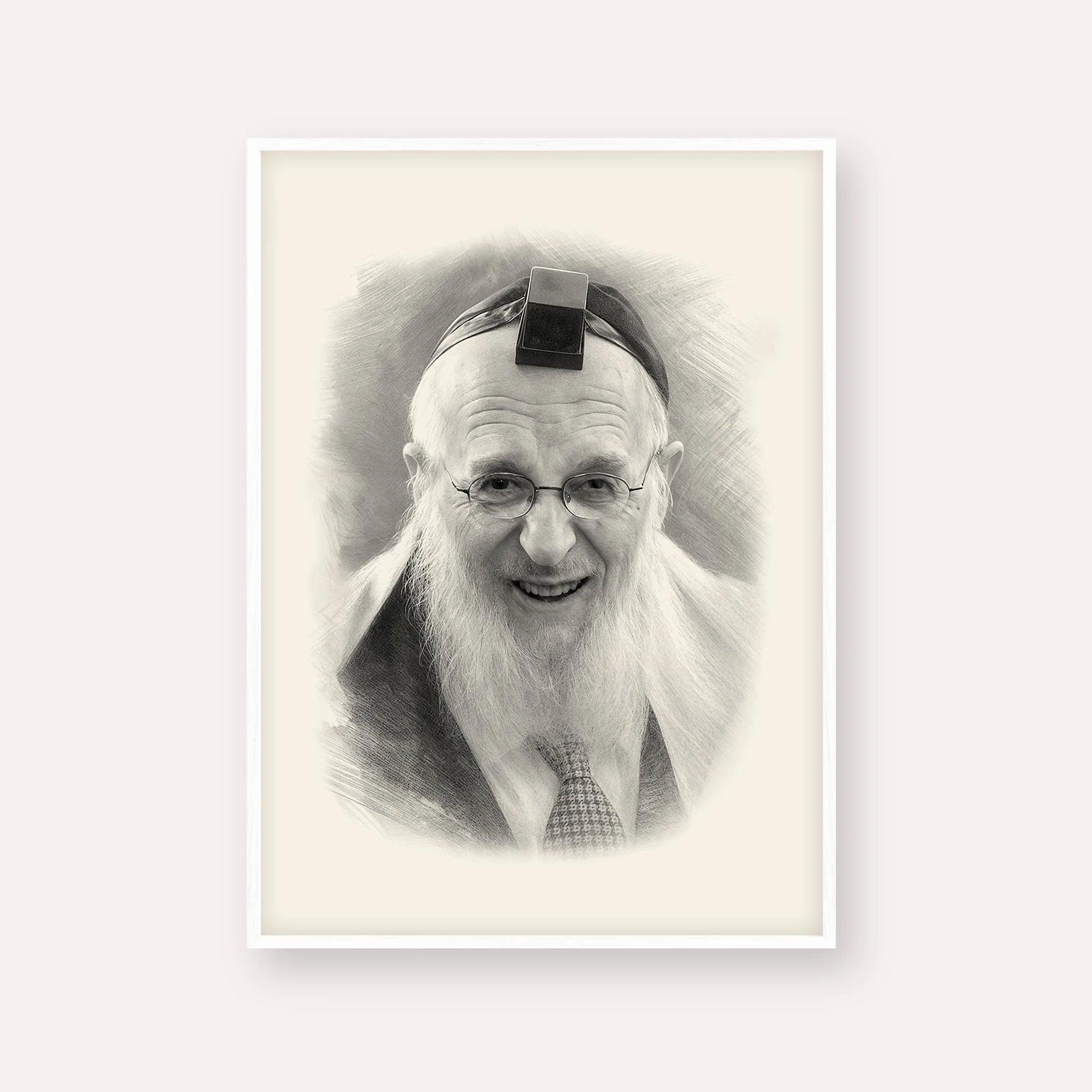 Rabbi Chaim Pinchas Scheinberg – Black & White – White Frame Vertical | Jewish Wall Art, Gedolim Pictures