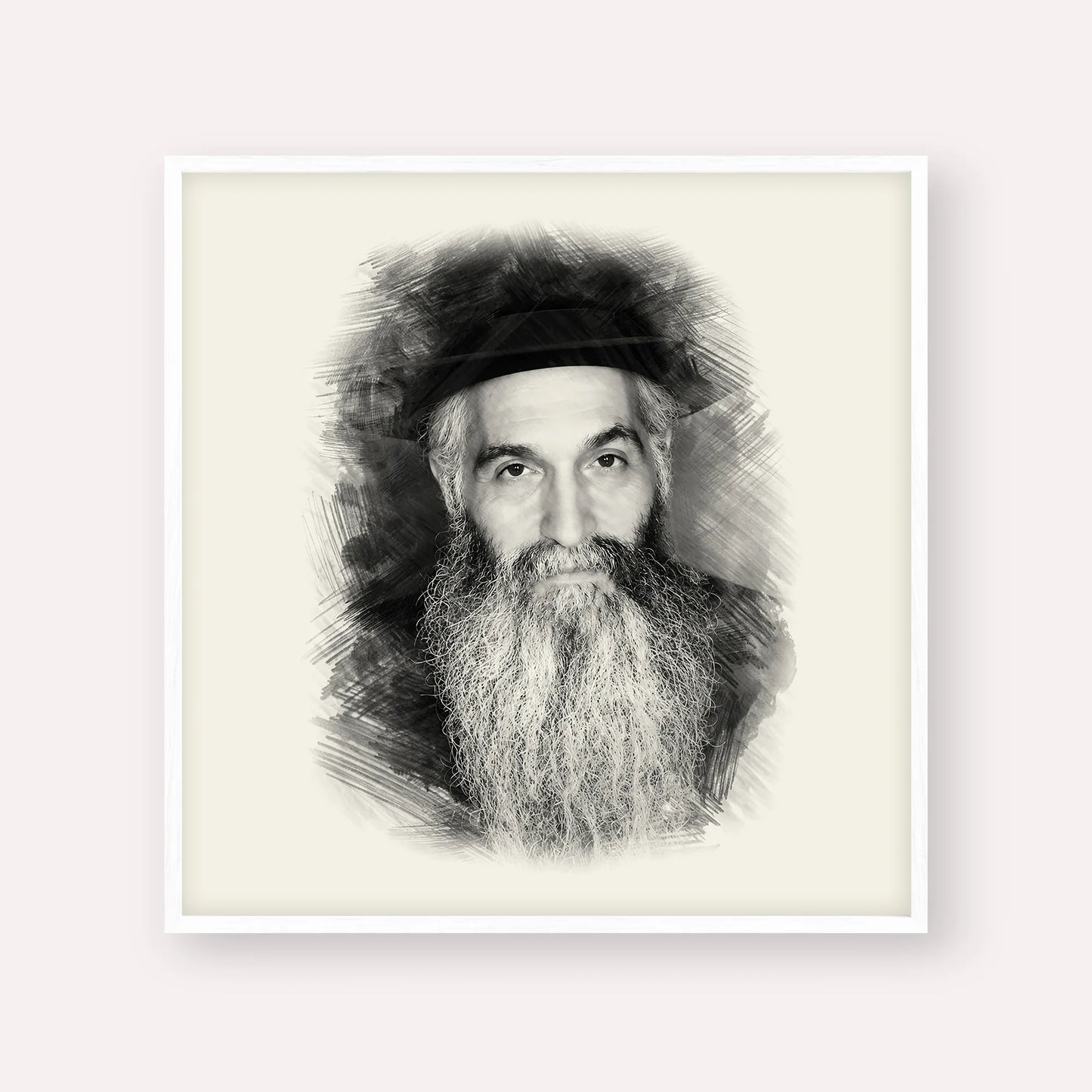 Rabbi David Abuchatzeira – Black & White – White Frame Square | Jewish Wall Art, Gedolim Pictures