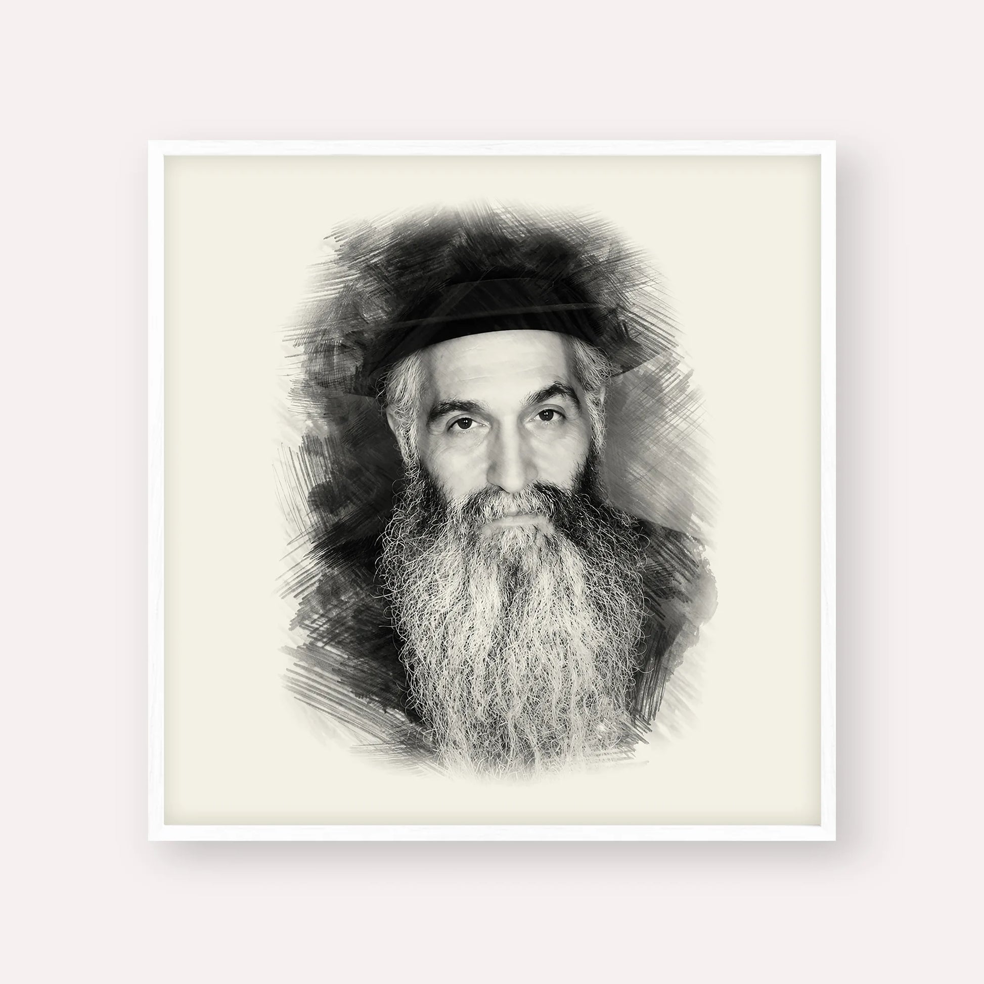 Rabbi David Abuchatzeira – Black & White – White Frame Square | Jewish Wall Art, Gedolim Pictures
