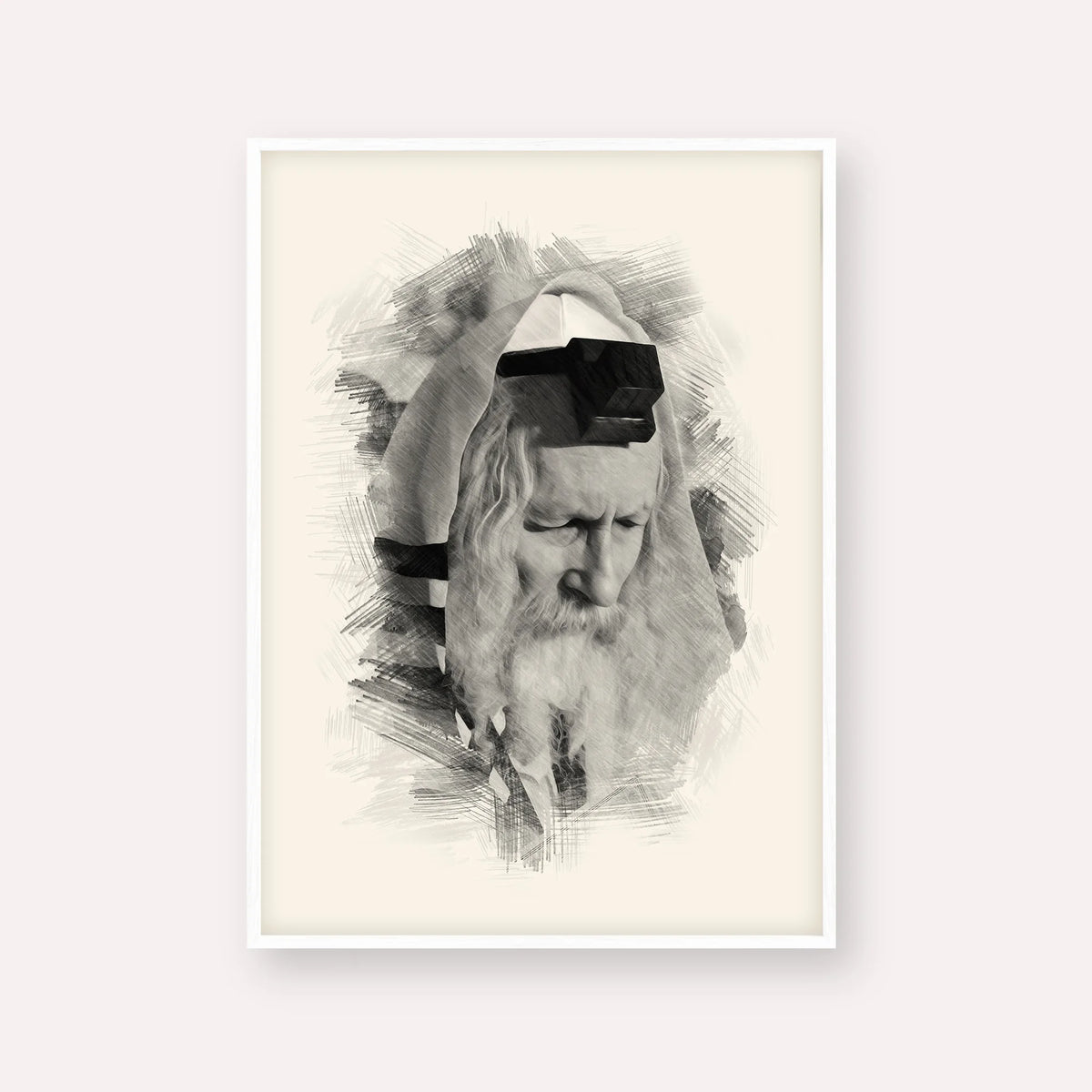 Rabbi Eliezer Berland – Black & White – White Frame Vertical | Jewish Wall Art, Gedolim Pictures