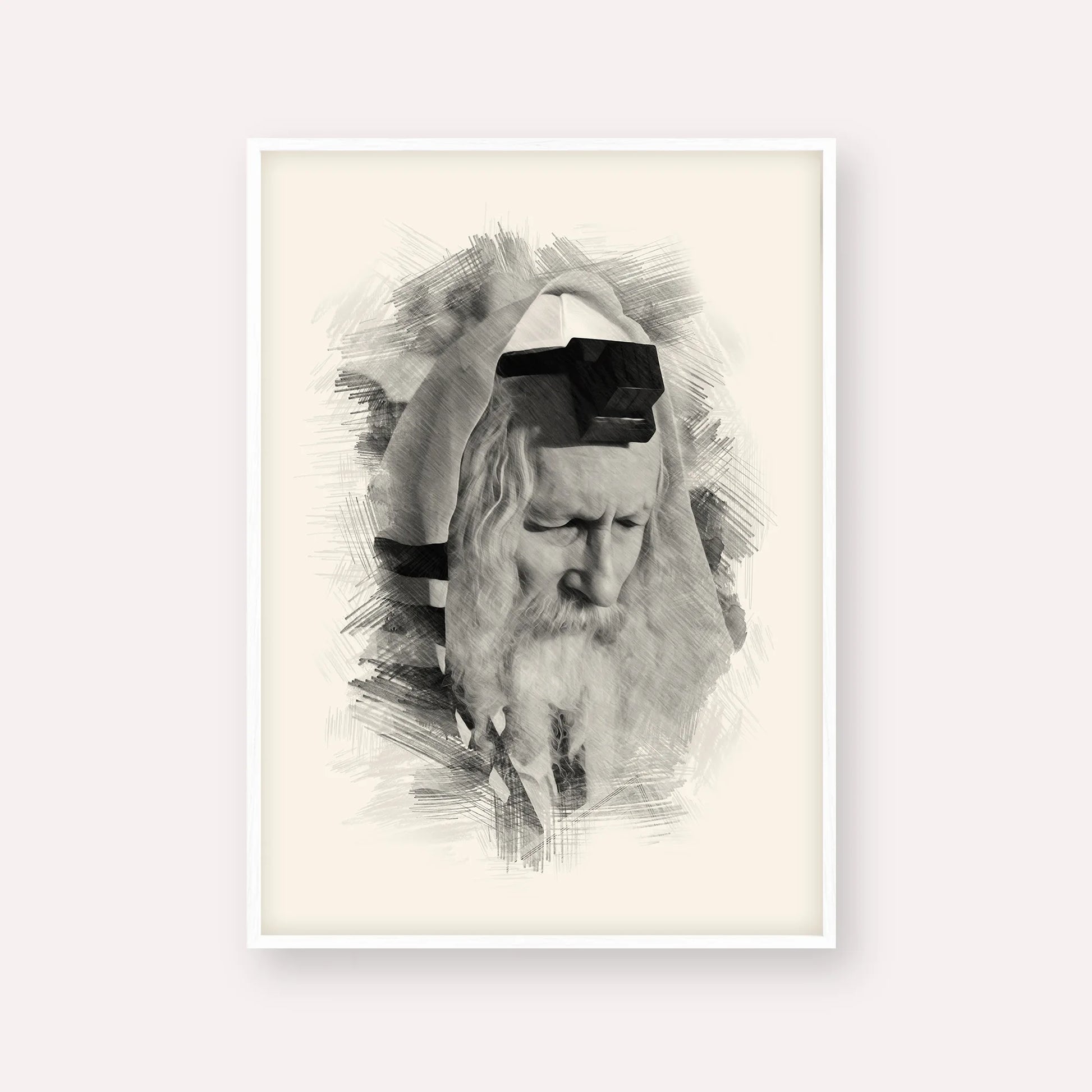 Rabbi Eliezer Berland – Black & White – White Frame Vertical | Jewish Wall Art, Gedolim Pictures