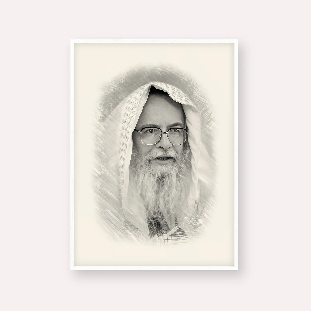 Rabbi Eliezer Shlomo Schick (Mohorosh) – Black & White – White Frame Vertical | Jewish Wall Art, Gedolim Pictures