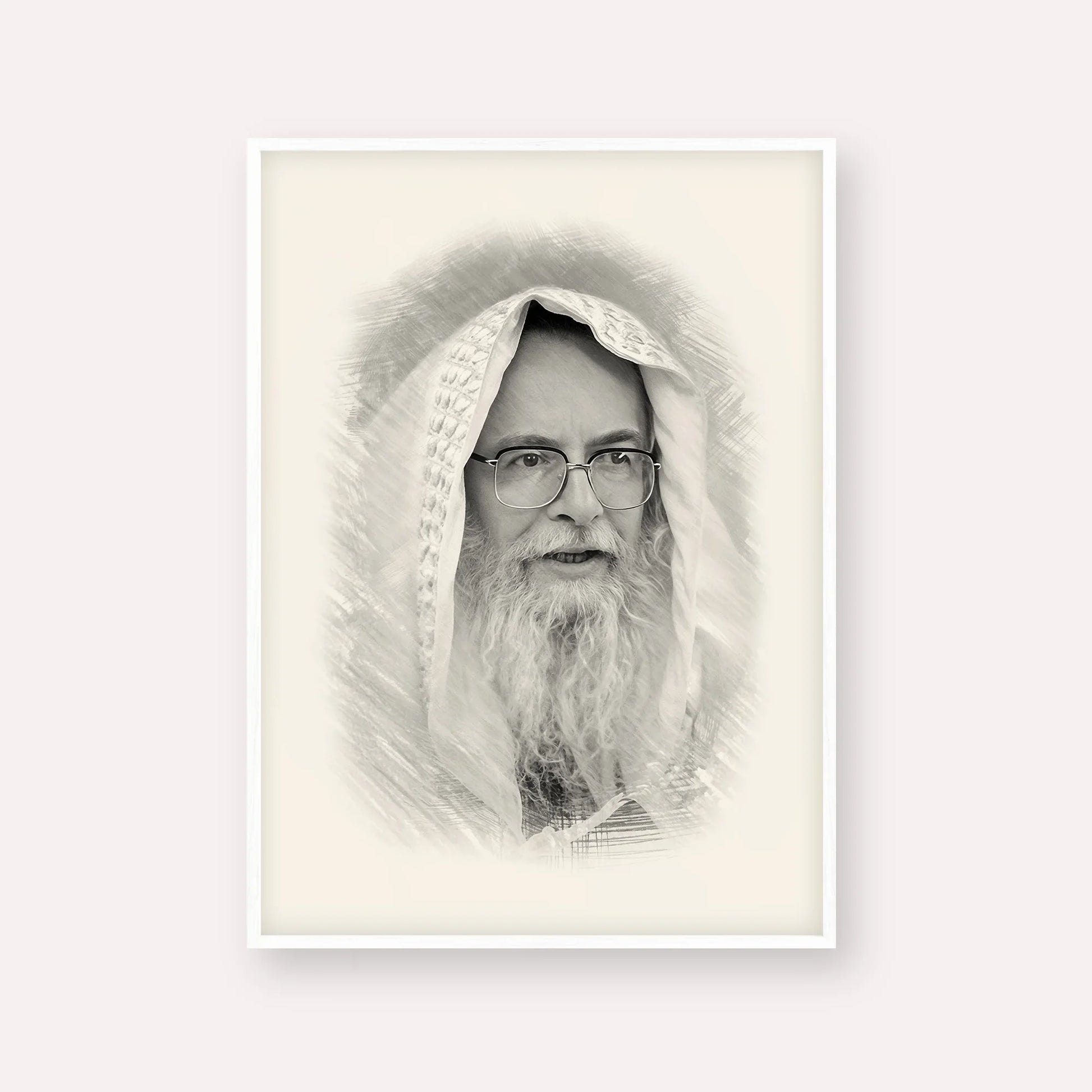 Rabbi Eliezer Shlomo Schick (Mohorosh) – Black & White – White Frame Vertical | Jewish Wall Art, Gedolim Pictures