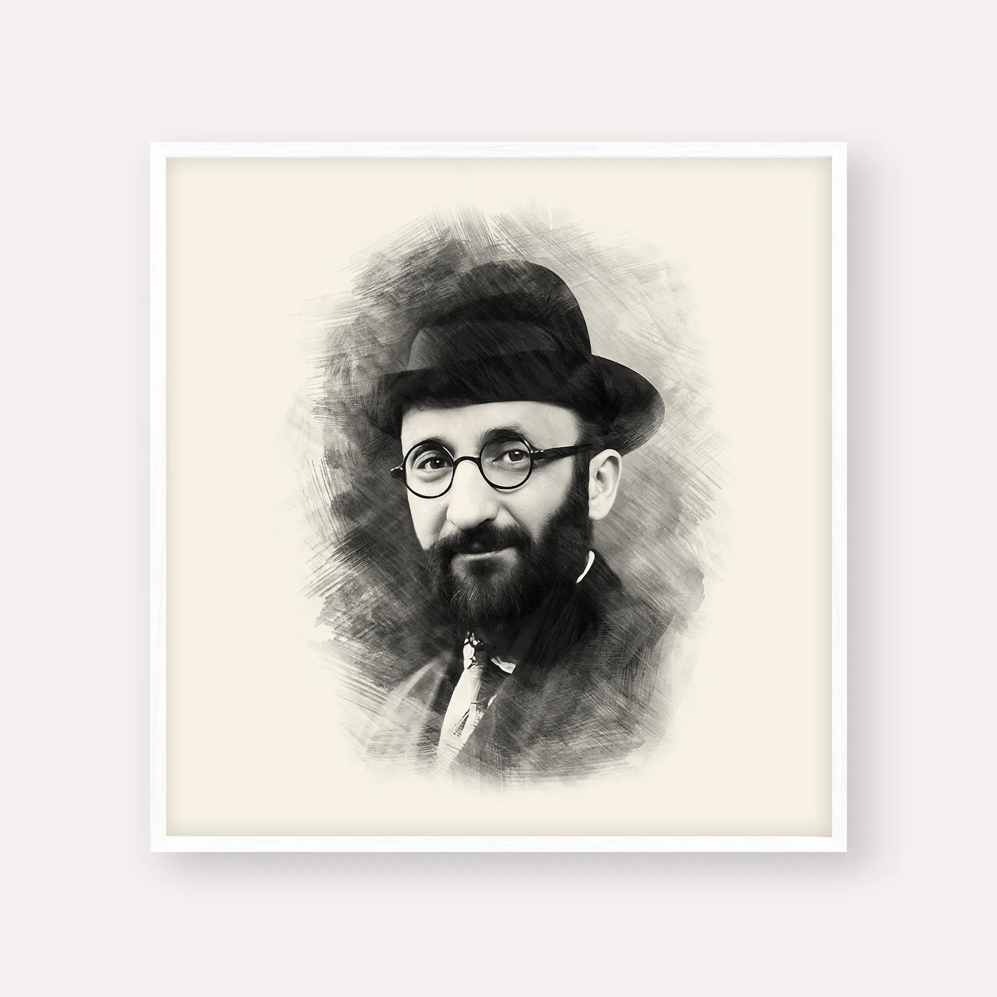 Rabbi Eliyahu Eliezer Dessler – Black & White – White Frame Square | Jewish Wall Art, Gedolim Pictures