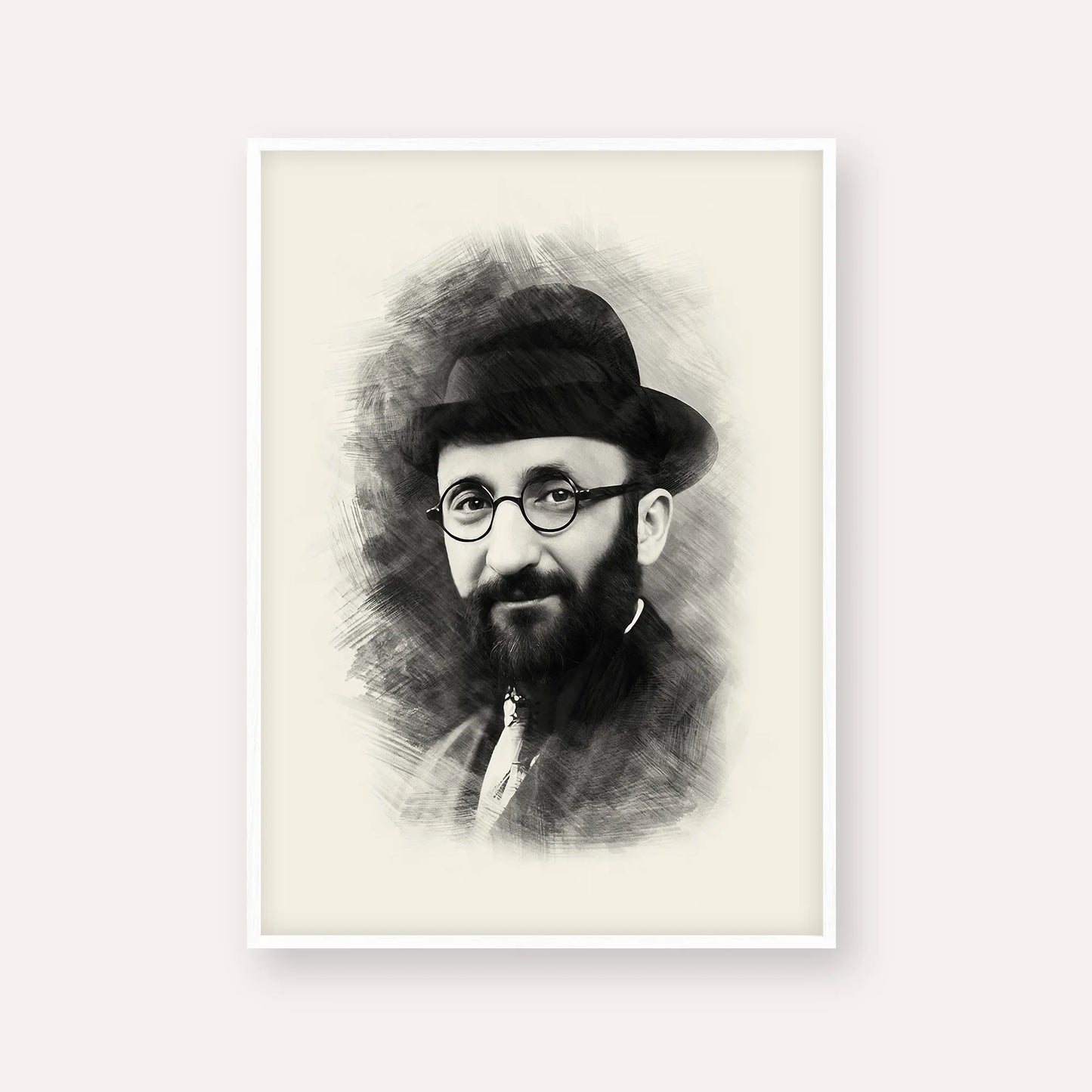 Rabbi Eliyahu Eliezer Dessler – Black & White – White Frame Vertical | Jewish Wall Art, Gedolim Pictures
