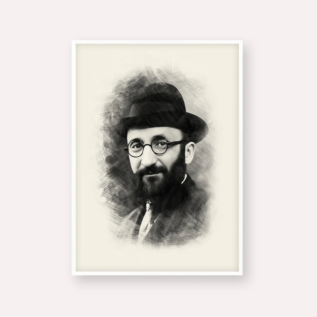 Rabbi Eliyahu Eliezer Dessler – Black & White – White Frame Vertical | Jewish Wall Art, Gedolim Pictures