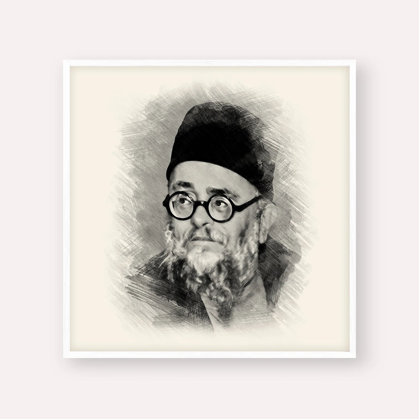 Rabbi Ezra Attiya – Black & White – White Frame Square | Jewish Wall Art, Gedolim Pictures