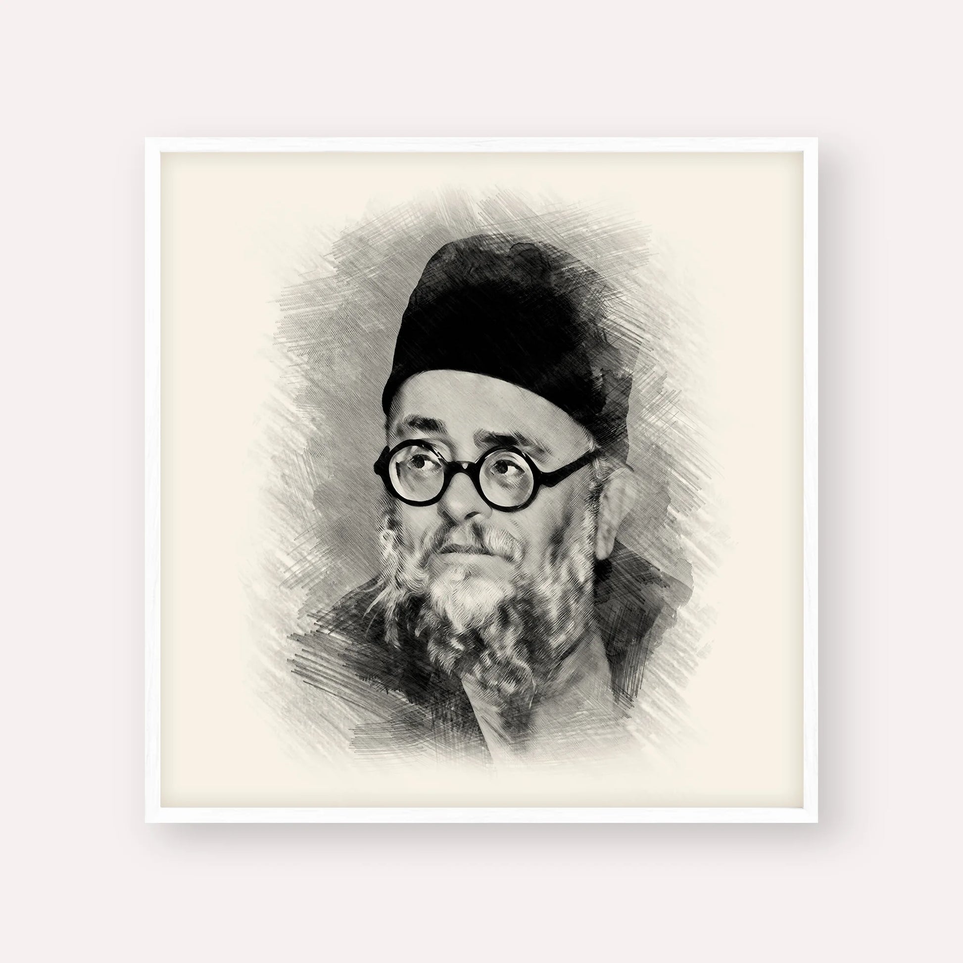 Rabbi Ezra Attiya – Black & White – White Frame Square | Jewish Wall Art, Gedolim Pictures