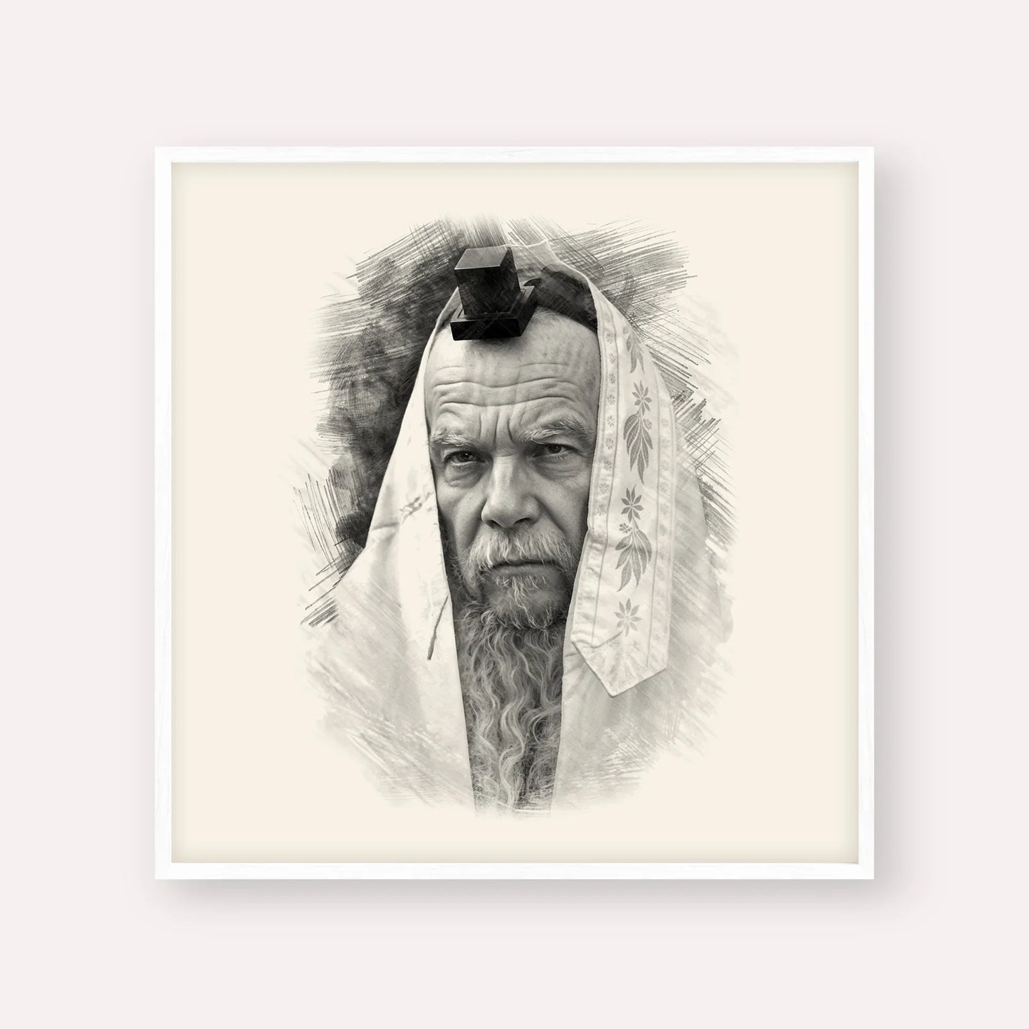 Rabbi Gershon Edelstein – Black & White – White Frame Square | Jewish Wall Art, Gedolim Pictures