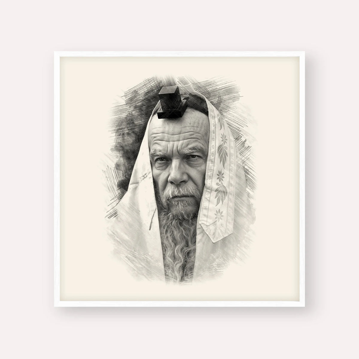 Rabbi Gershon Edelstein – Black & White – White Frame Square | Jewish Wall Art, Gedolim Pictures