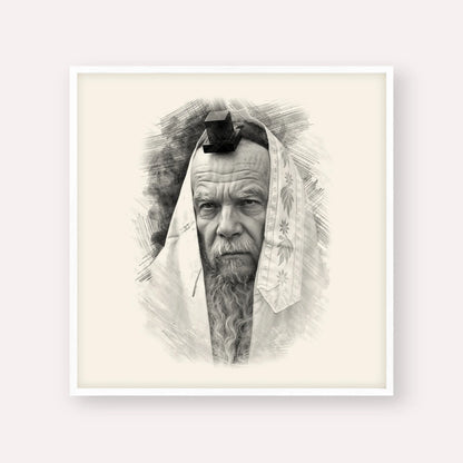Rabbi Gershon Edelstein – Black & White – White Frame Square | Jewish Wall Art, Gedolim Pictures