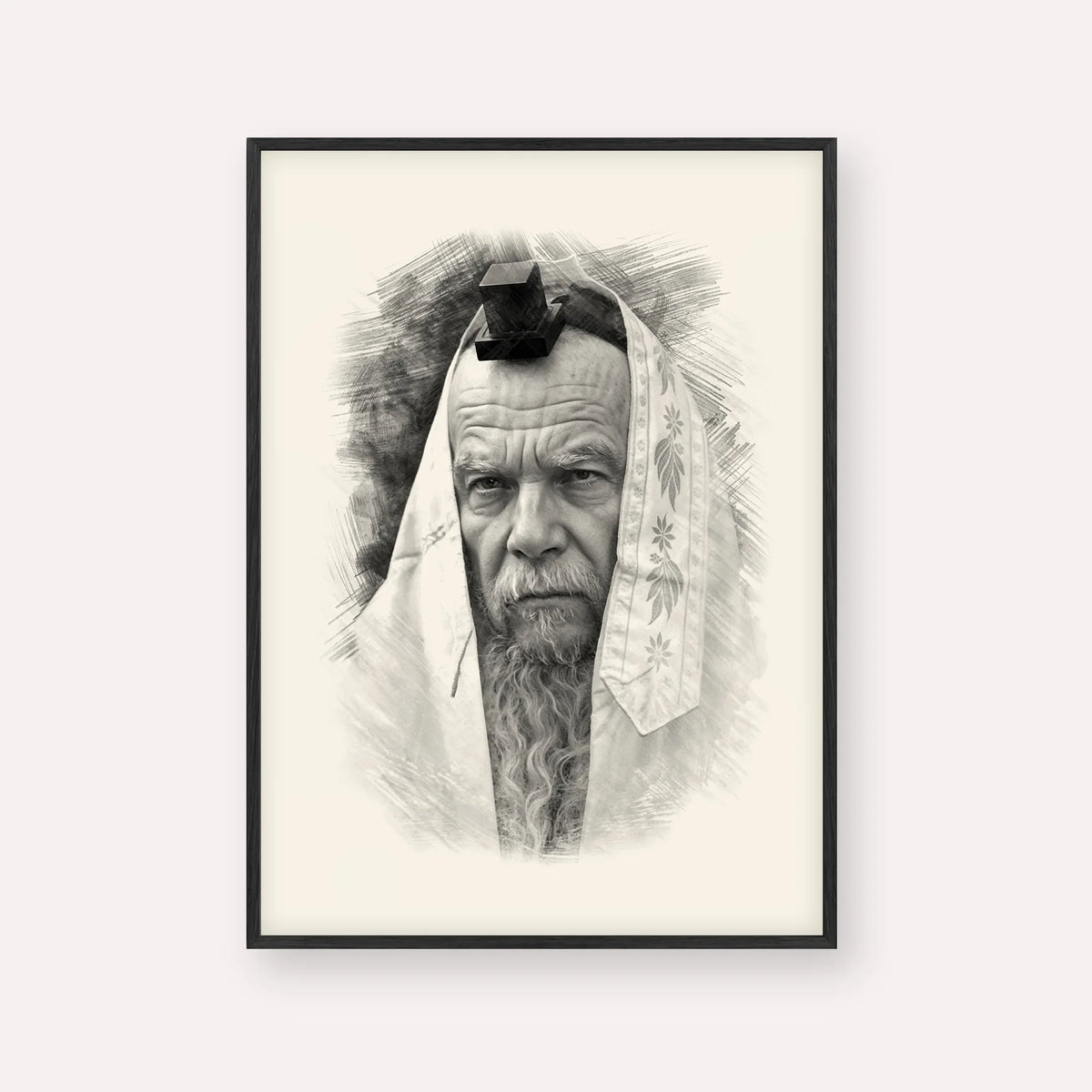 Rabbi Gershon Edelstein – Black & White – Black Frame Vertical | Jewish Wall Art, Gedolim Pictures