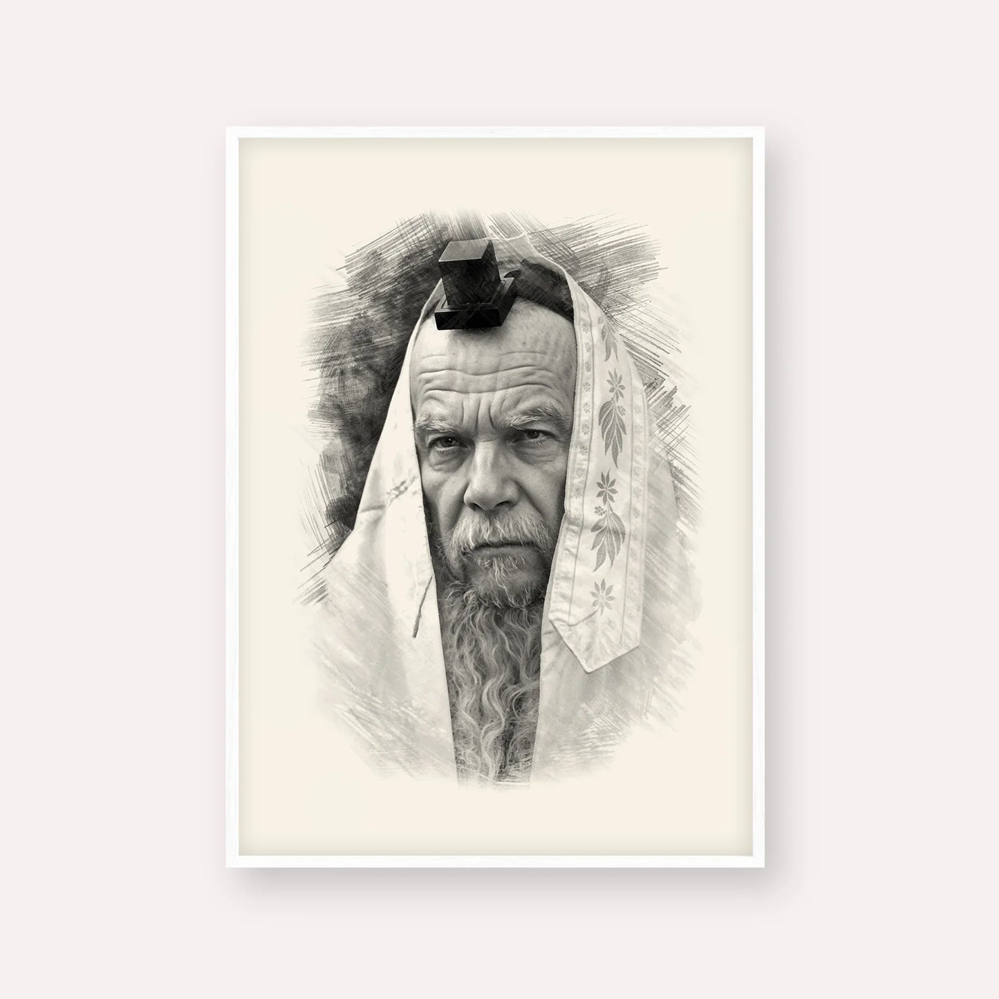 Rabbi Gershon Edelstein – Black & White – White Frame Vertical | Jewish Wall Art, Gedolim Pictures