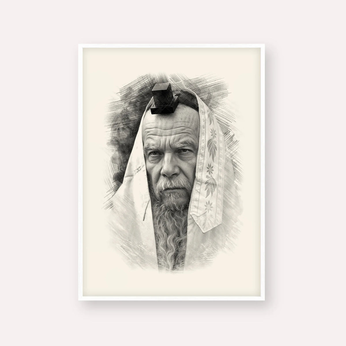 Rabbi Gershon Edelstein – Black & White – White Frame Vertical | Jewish Wall Art, Gedolim Pictures