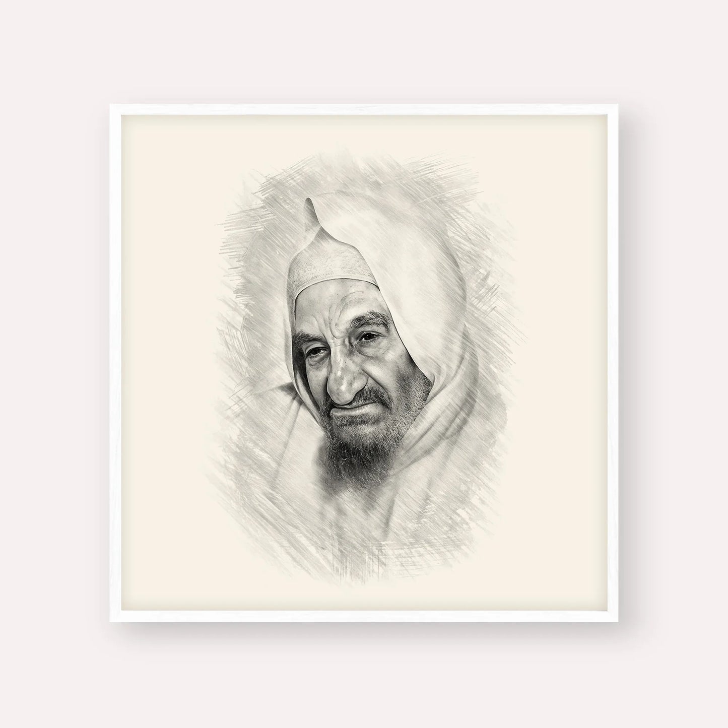 Rabbi Israel Abuhatzeira (Baba Sali) – Black & White – White Frame Square | Jewish Wall Art, Gedolim Pictures