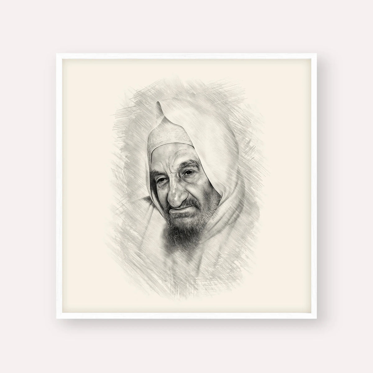 Rabbi Israel Abuhatzeira (Baba Sali) – Black & White – White Frame Square | Jewish Wall Art, Gedolim Pictures