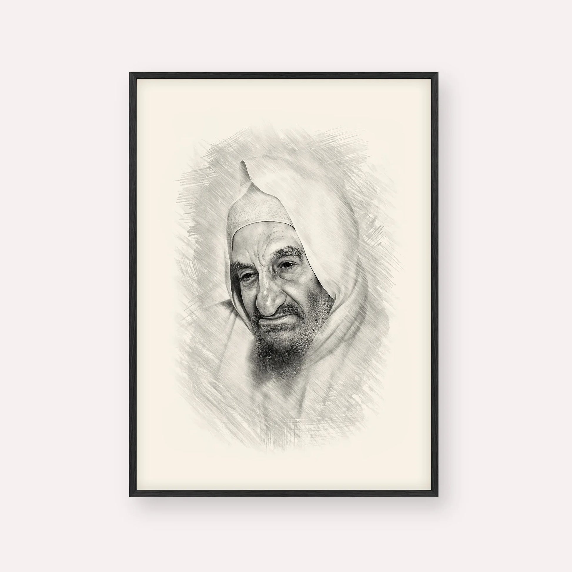 Rabbi Israel Abuhatzeira (Baba Sali) – Black & White – Black Frame Vertical | Jewish Wall Art, Gedolim Pictures
