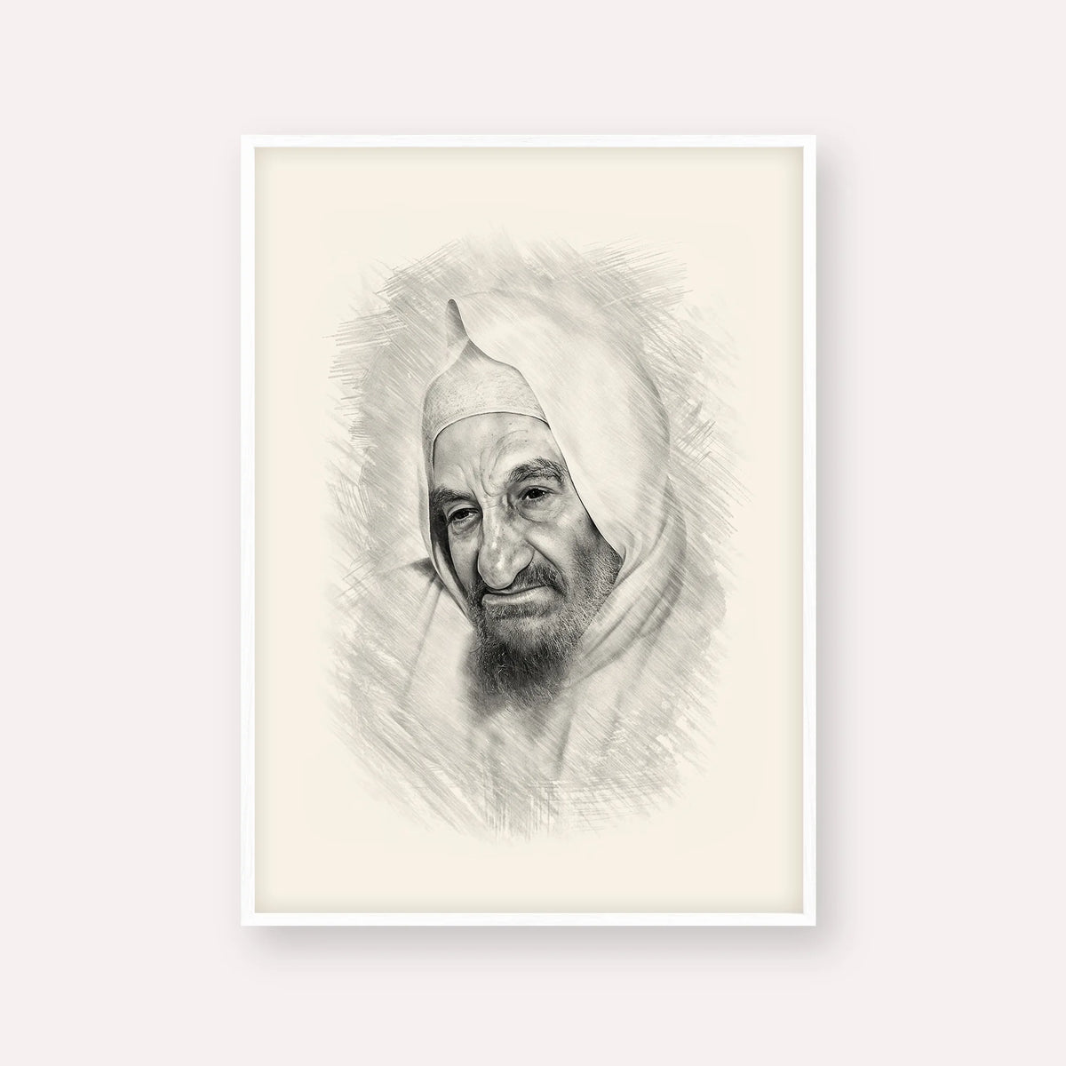 Rabbi Israel Abuhatzeira (Baba Sali) – Black & White – White Frame Vertical | Jewish Wall Art, Gedolim Pictures