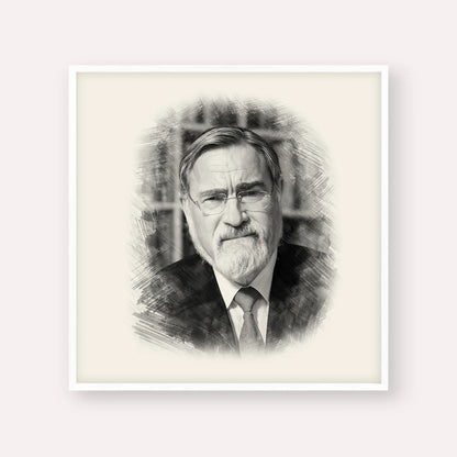 Rabbi Jonathan Sacks – Black & White – White Frame Square | Jewish Wall Art, Gedolim Pictures