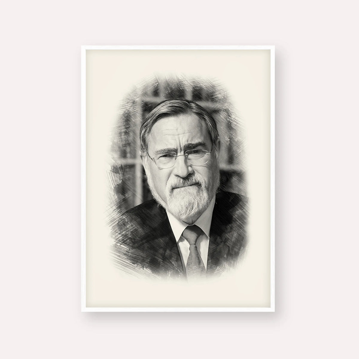 Rabbi Jonathan Sacks – Black & White – White Frame Vertical | Jewish Wall Art, Gedolim Pictures