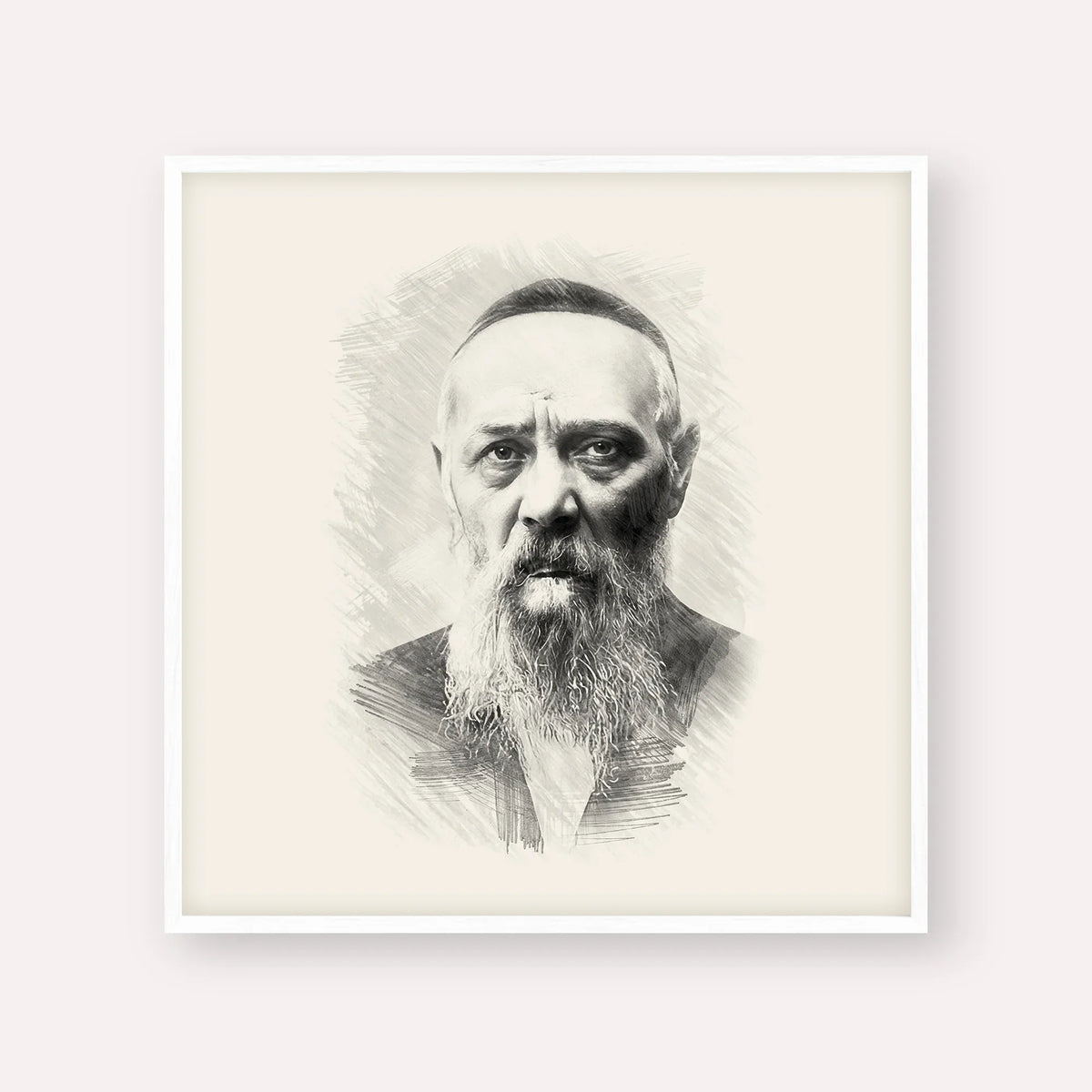 Rabbi Levi Yitzchak Schneerson – Black & White – White Frame Square | Jewish Wall Art, Gedolim Pictures