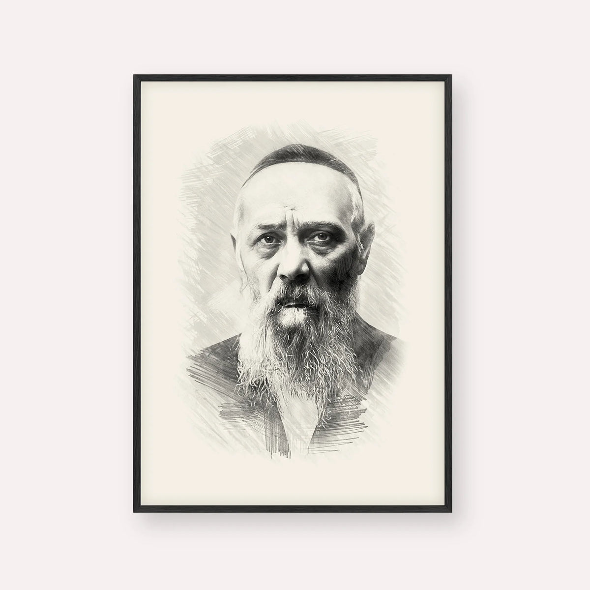 Rabbi Levi Yitzchak Schneerson – Black & White – Black Frame Vertical | Jewish Wall Art, Gedolim Pictures