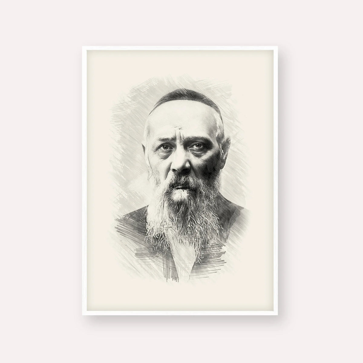 Rabbi Levi Yitzchak Schneerson – Black & White – White Frame Vertical | Jewish Wall Art, Gedolim Pictures