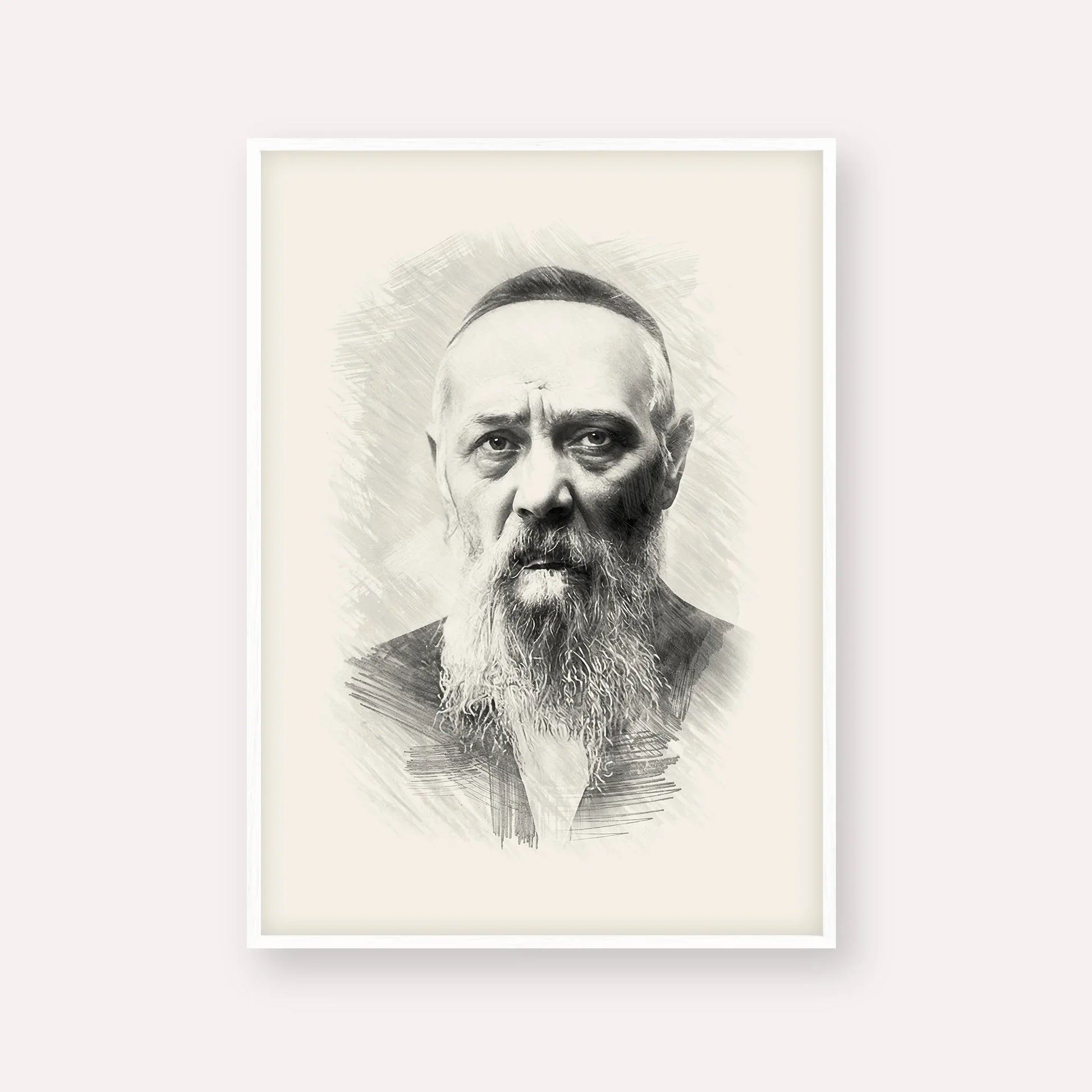 Rabbi Levi Yitzchak Schneerson – Black & White – White Frame Vertical | Jewish Wall Art, Gedolim Pictures