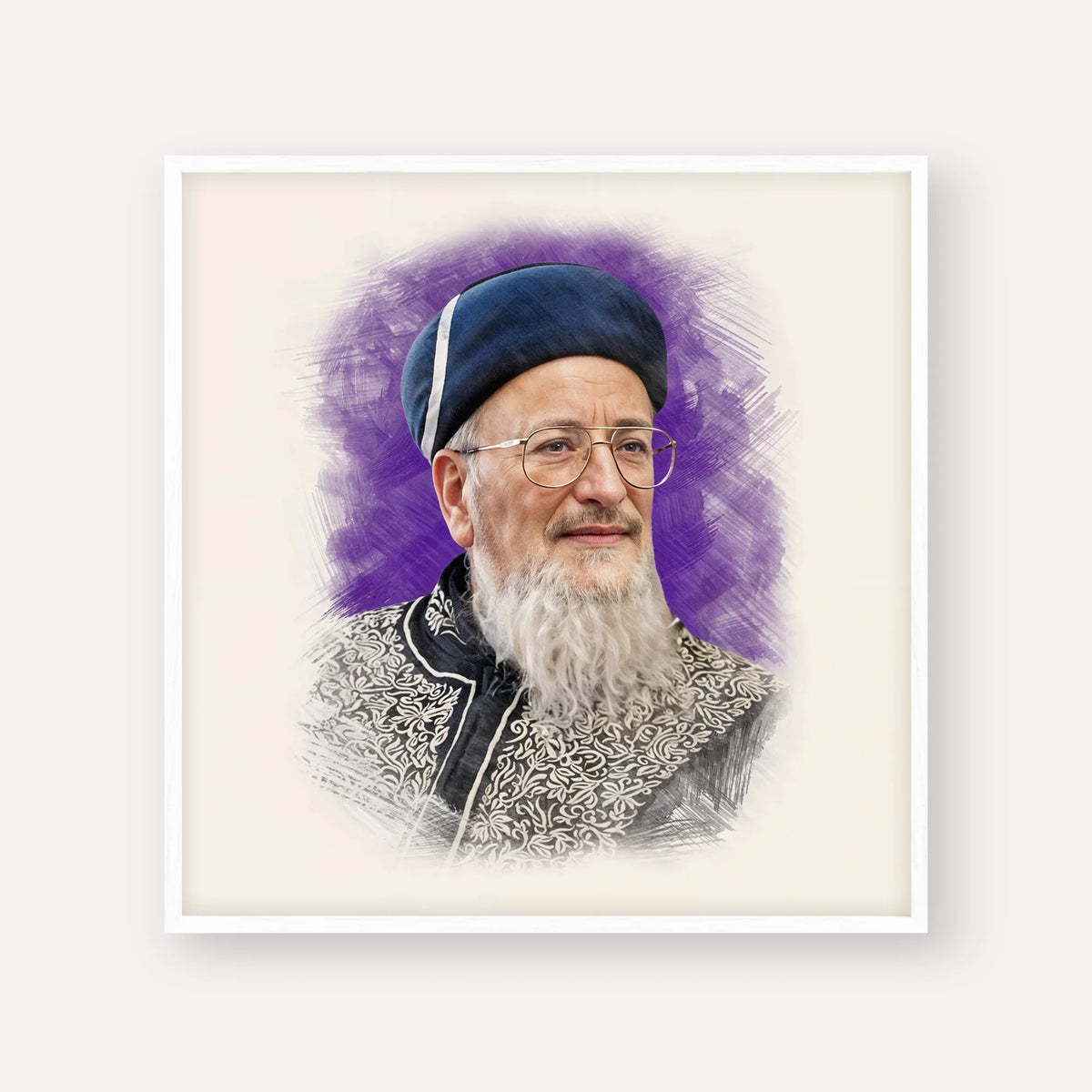 Rabbi Mordechai Eliyahu – White Frame Square | Jewish Wall Art, Gedolim Pictures