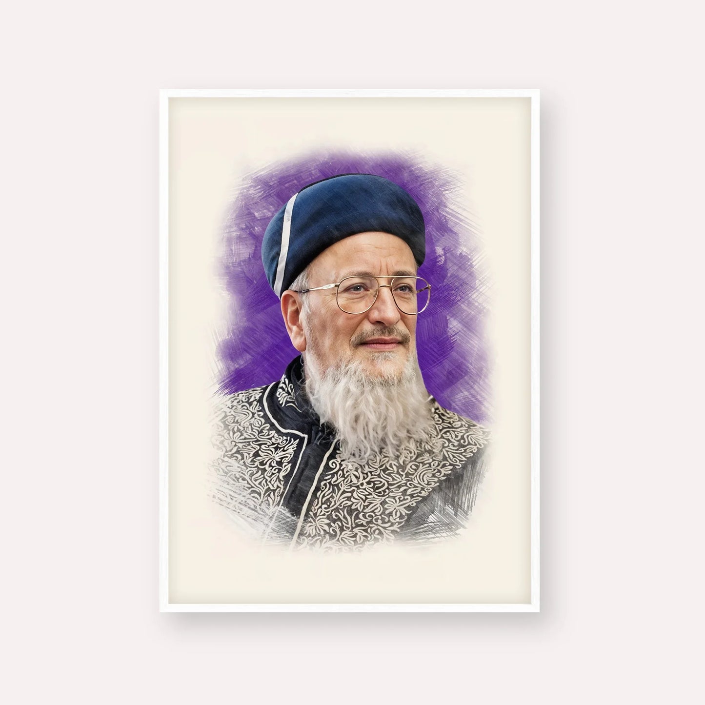 Rabbi Mordechai Eliyahu – White Frame Vertical | Jewish Wall Art, Gedolim Pictures