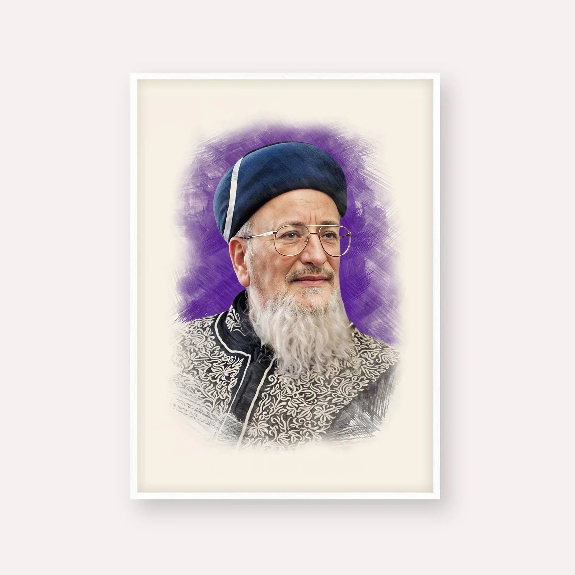 Rabbi Mordechai Eliyahu – White Frame Vertical | Jewish Wall Art, Gedolim Pictures