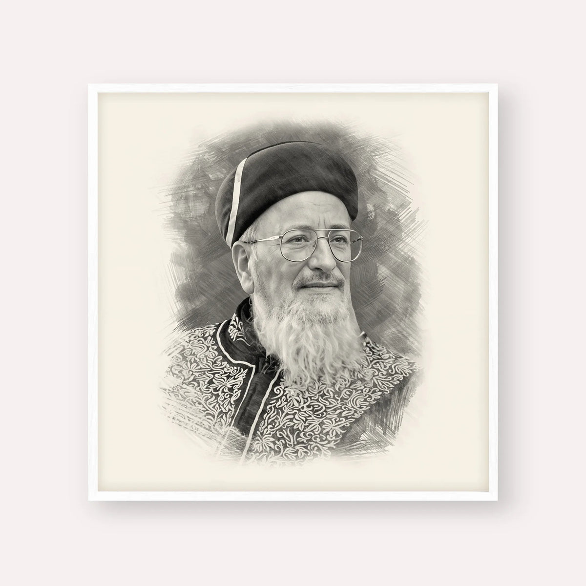 Rabbi Mordechai Eliyahu – Black & White – White Frame Square | Jewish Wall Art, Gedolim Pictures