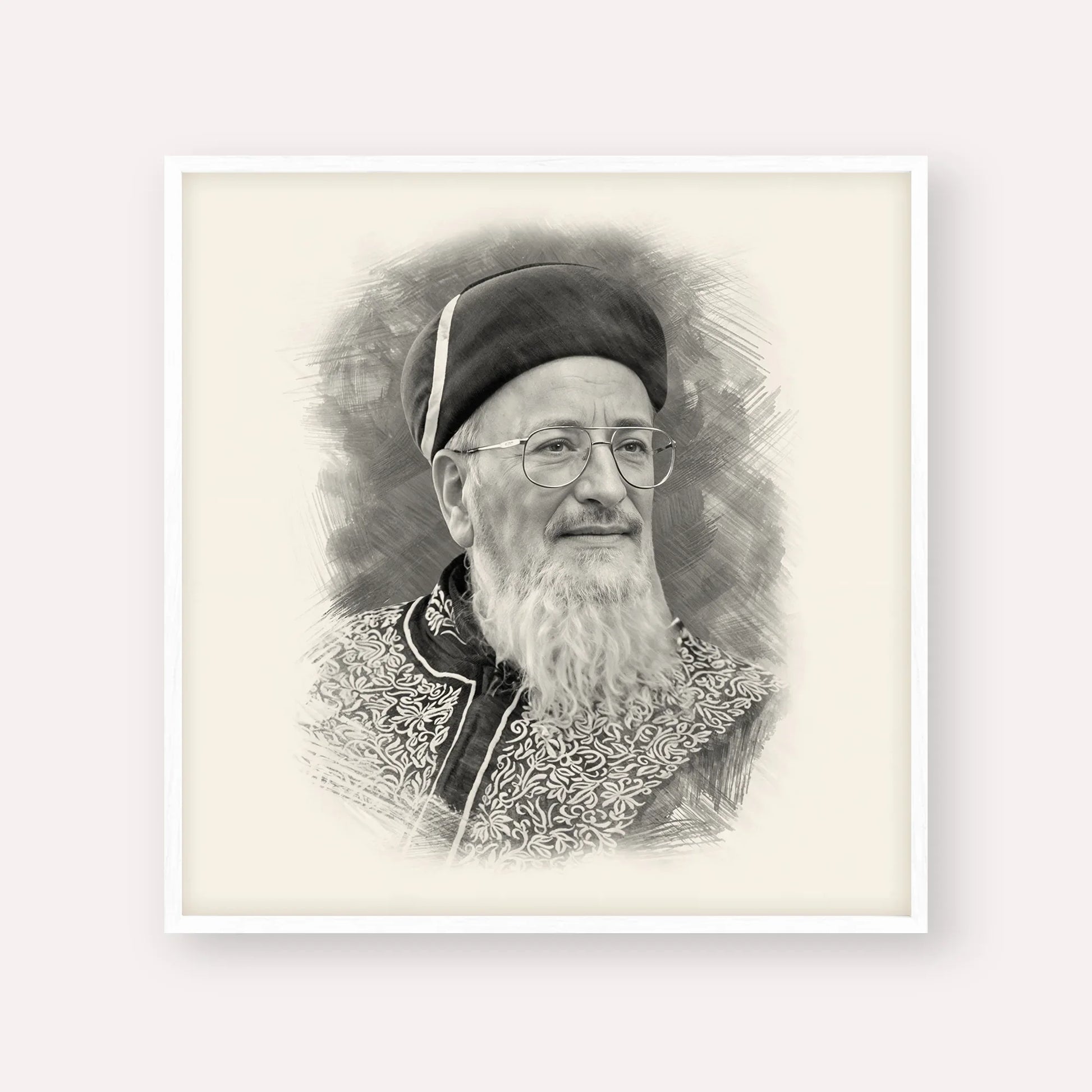 Rabbi Mordechai Eliyahu – Black & White – White Frame Square | Jewish Wall Art, Gedolim Pictures